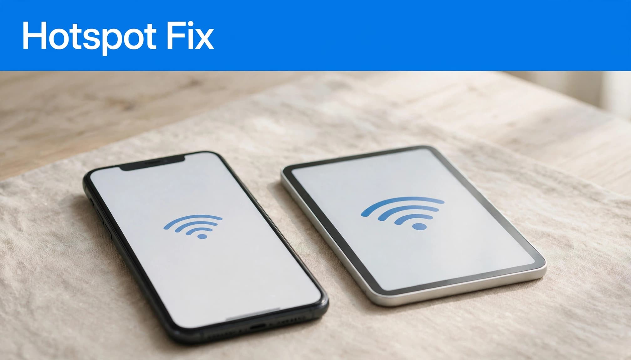 Why Is Your iPhone Personal Hotspot Not Working? 1 An iPhone sits beside a tablet displaying a Wi-Fi symbol on a sunlit table.