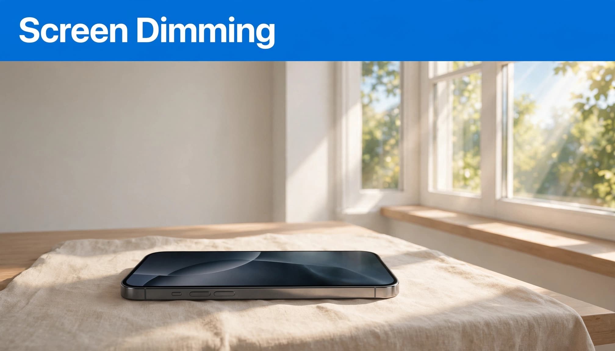 Why Does My iPhone Screen Keep Dimming? 30 A smartphone resting on a cloth-covered surface near a sunny window, with the text Screen Dimming above.