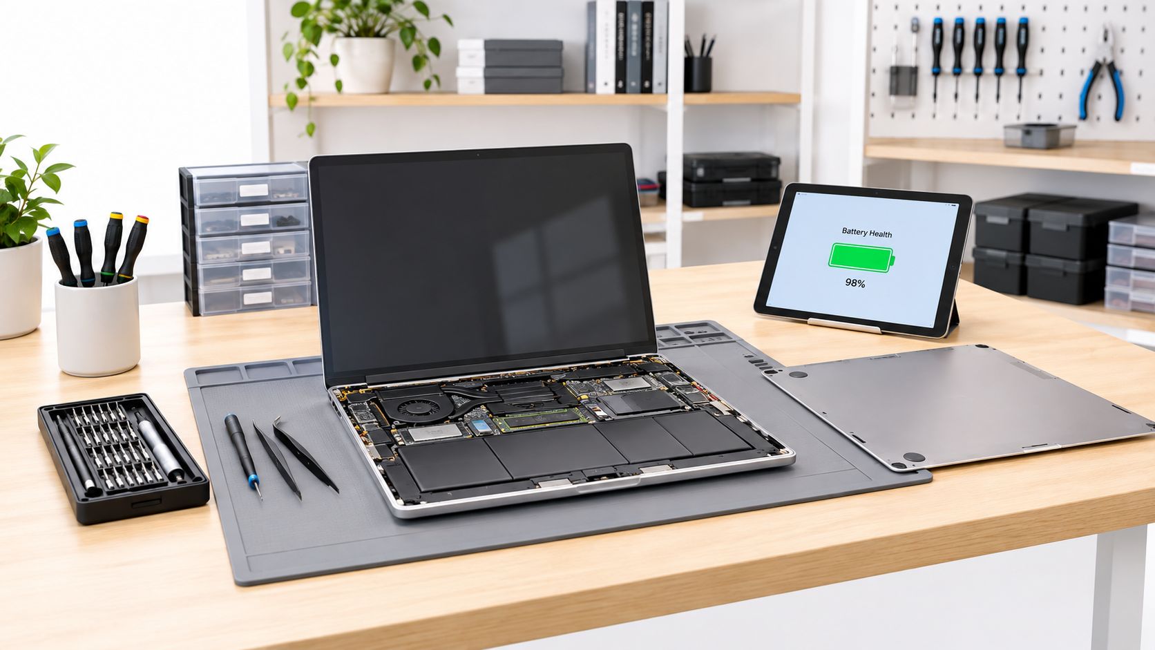 Laptops with 1TB SSD: Is the Extra Storage Worth It? 3 A professional repair technician workspace featuring an opened laptop being serviced on a grey anti-static mat.