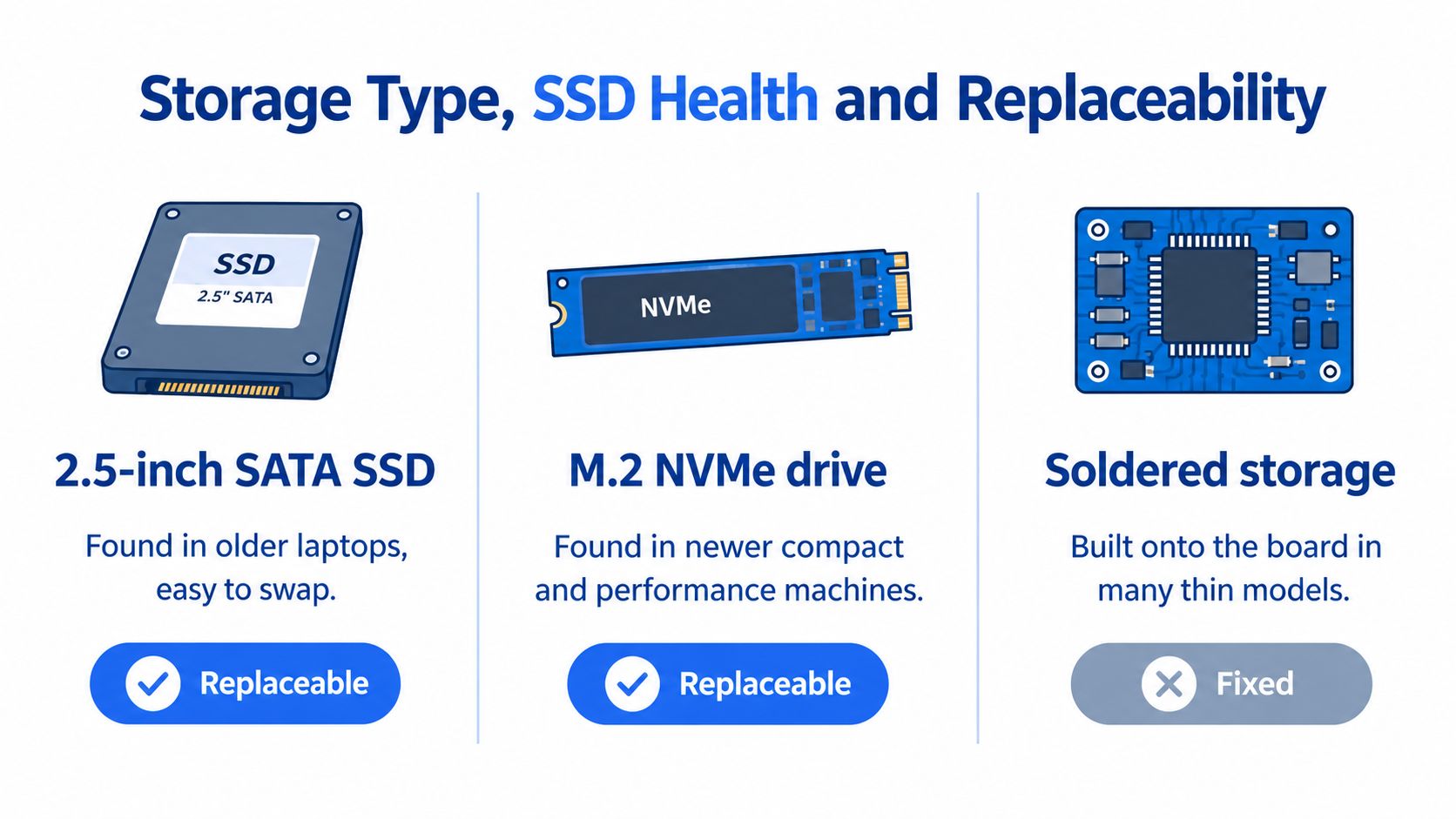 Laptops with 1TB SSD: Is the Extra Storage Worth It? 1 An infographic comparing 2.5-inch SATA SSDs, M.2 NVMe drives, and soldered storage regarding their replaceability in laptops.