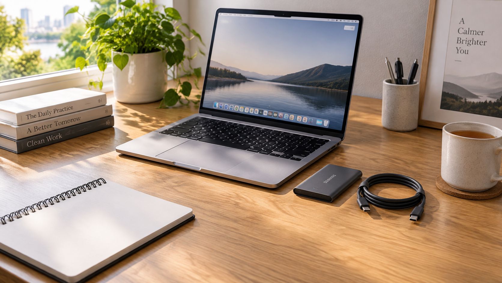 Laptops with 1TB SSD: Is the Extra Storage Worth It? 2 A modern laptop on a wooden desk with books, a notepad, and a hard drive for storage.