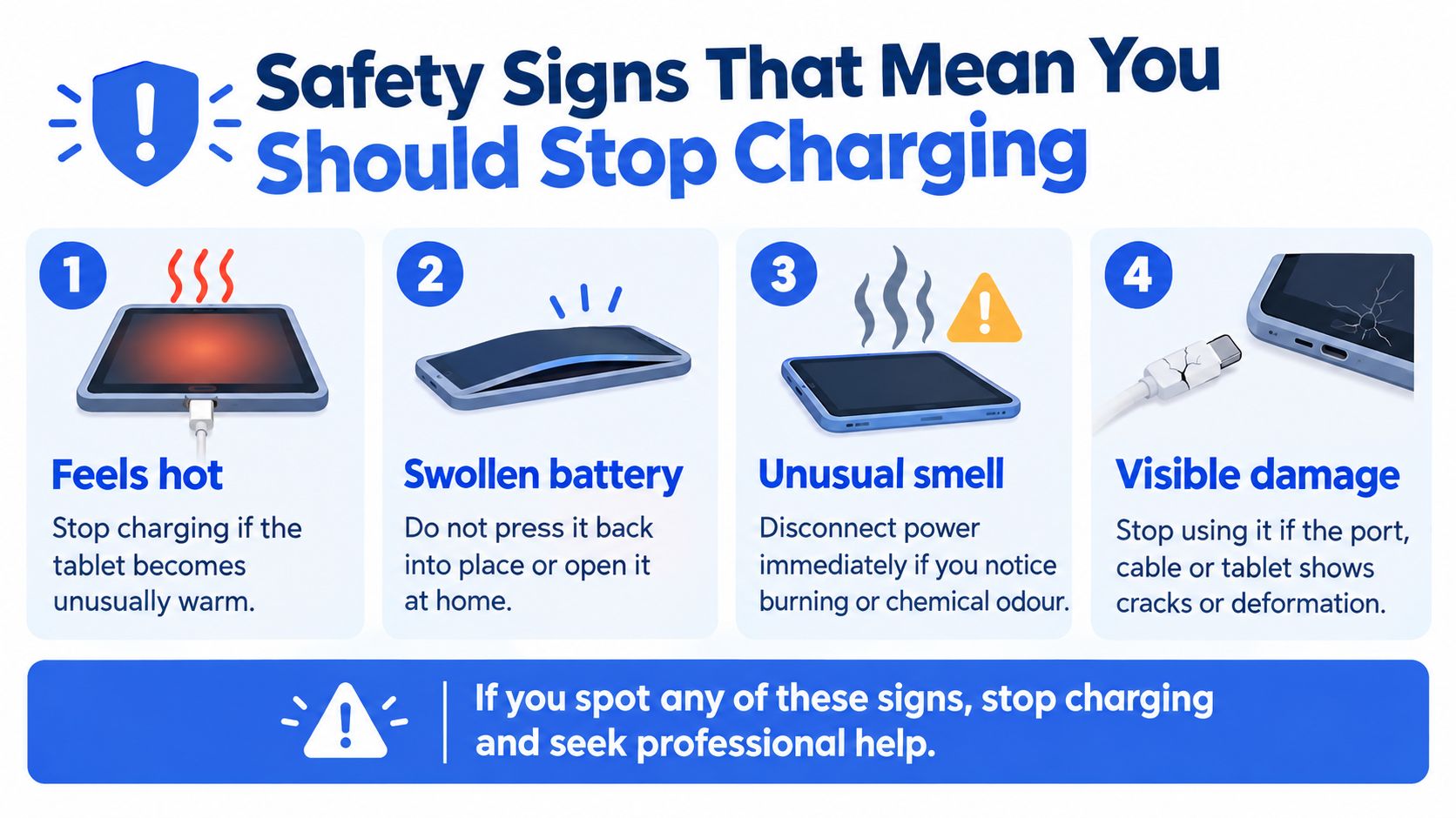 Lenovo Tablet Not Charging? What to Check and Fix 9 An infographic showing four warning signs that a tablet should be disconnected from the charger immediately.