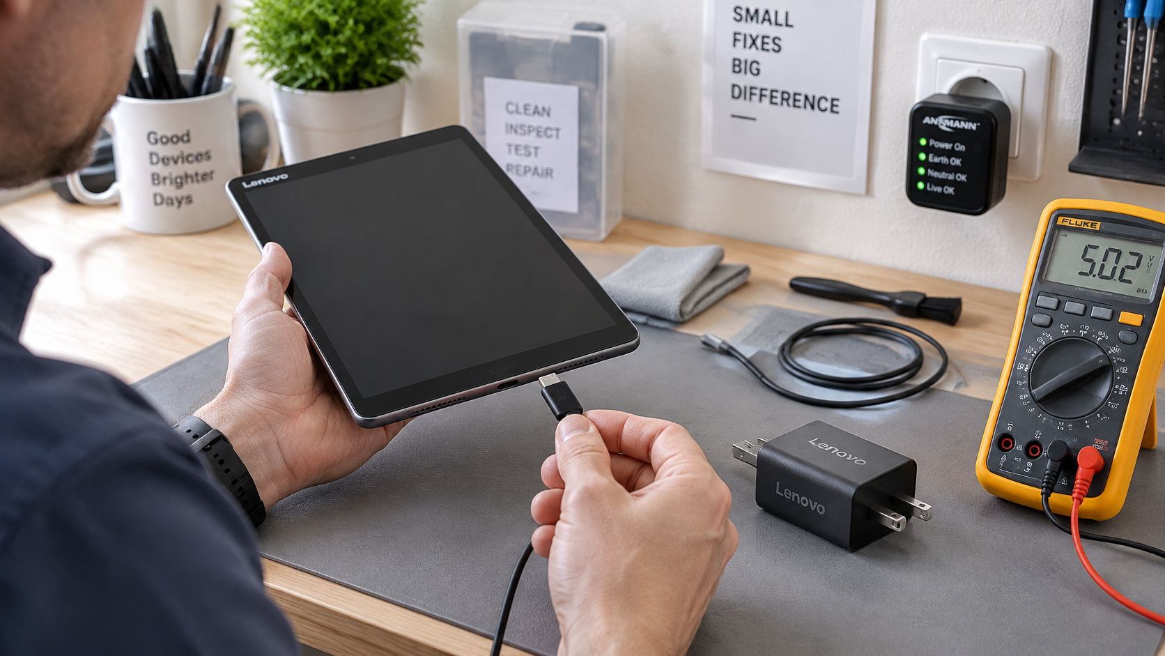 Lenovo Tablet Not Charging? What to Check and Fix 8 A person holding a Lenovo tablet and connecting a charging cable to troubleshoot power issues at a desk.