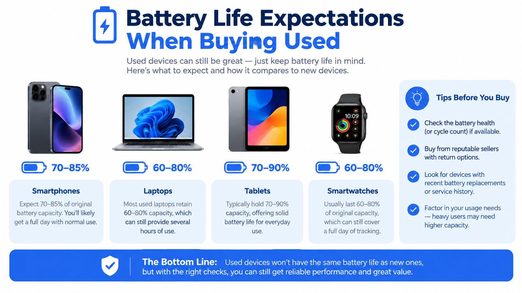MacBook Air M1 Chip: The Refurbished Reality 2 An infographic showing expected battery capacity percentages for used smartphones, laptops, tablets, and smartwatches when buying refurbished.