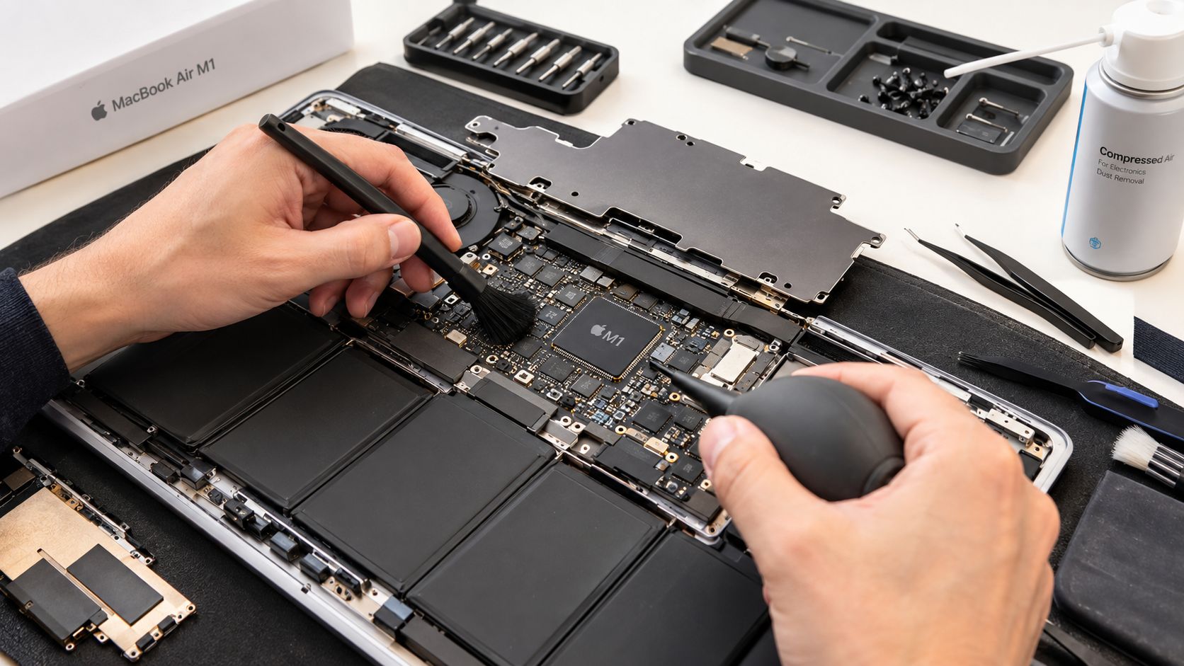MacBook Air M1 Chip: The Refurbished Reality 1 A technician cleaning the internal components and M1 chip of a MacBook Air laptop with brushes.