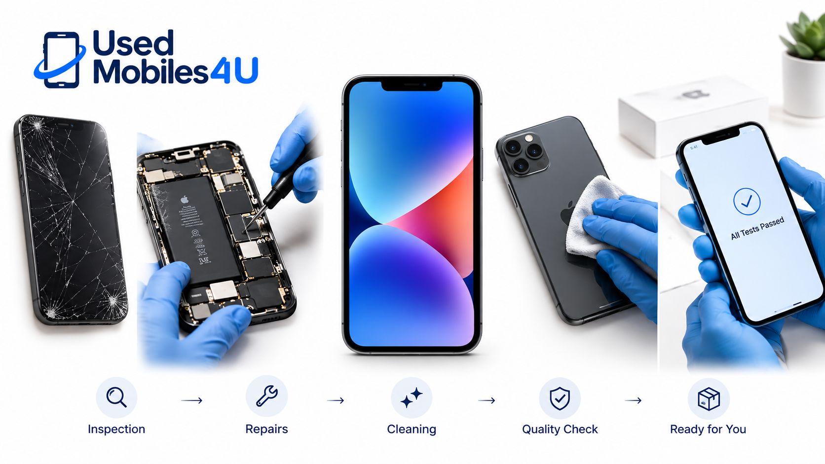MacBook Air M1 Chip: The Refurbished Reality 3 A sequence of steps showing the refurbishment process of a used smartphone by Used Mobiles4U company.