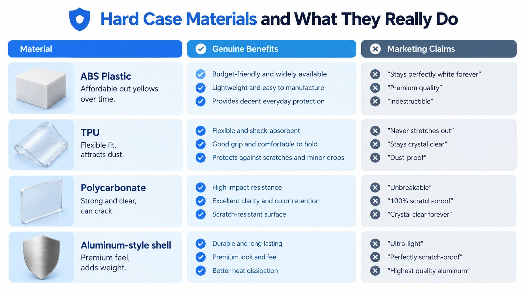 MacBook Pro Hard Case: A UK Buyer's Practical Guide 3 A comparison chart outlining the genuine benefits and common marketing claims of materials used for hard cases.