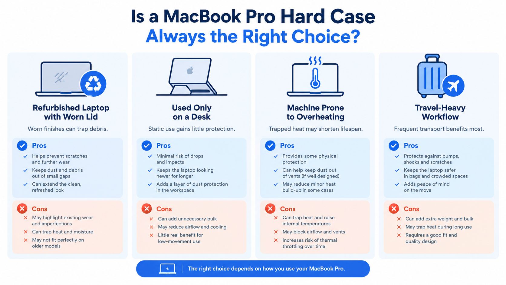 MacBook Pro Hard Case: A UK Buyer's Practical Guide 1 A decision infographic showing pros and cons of using a hard case for various MacBook Pro usage scenarios.