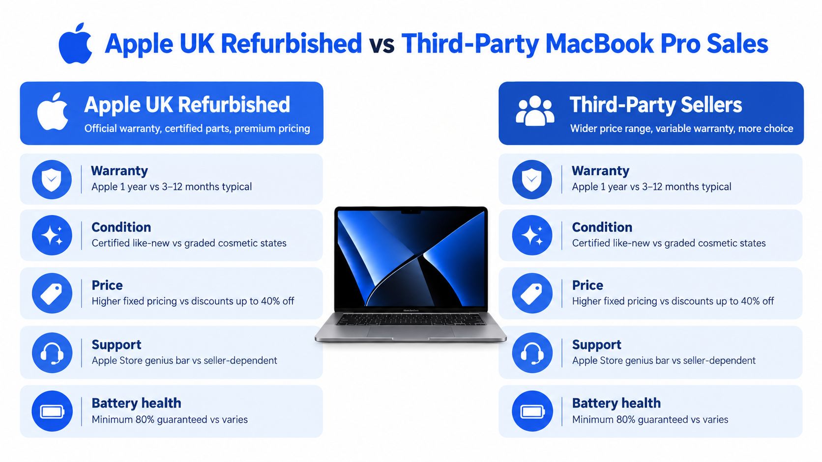 MacBook Pro Sale UK 2026: How to Time and Verify Deals 3 A comparison chart showing differences between buying refurbished MacBook Pros from Apple versus third-party sellers.