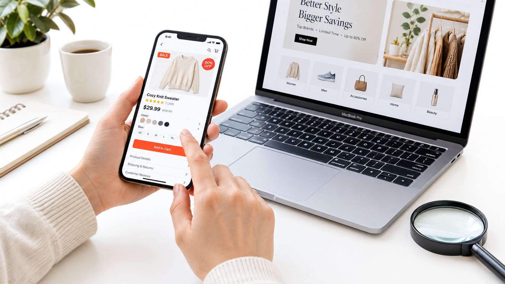 MacBook Pro Sale UK 2026: How to Time and Verify Deals 2 A person using a smartphone to shop online next to a MacBook Pro on a white desk.