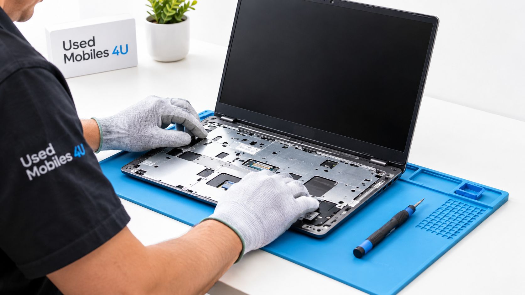MacBook Pro Touch Bar: What It Does and Is It Worth It 24 A technician wearing white anti-static gloves repairing an open laptop on a blue silicon mat workspace.