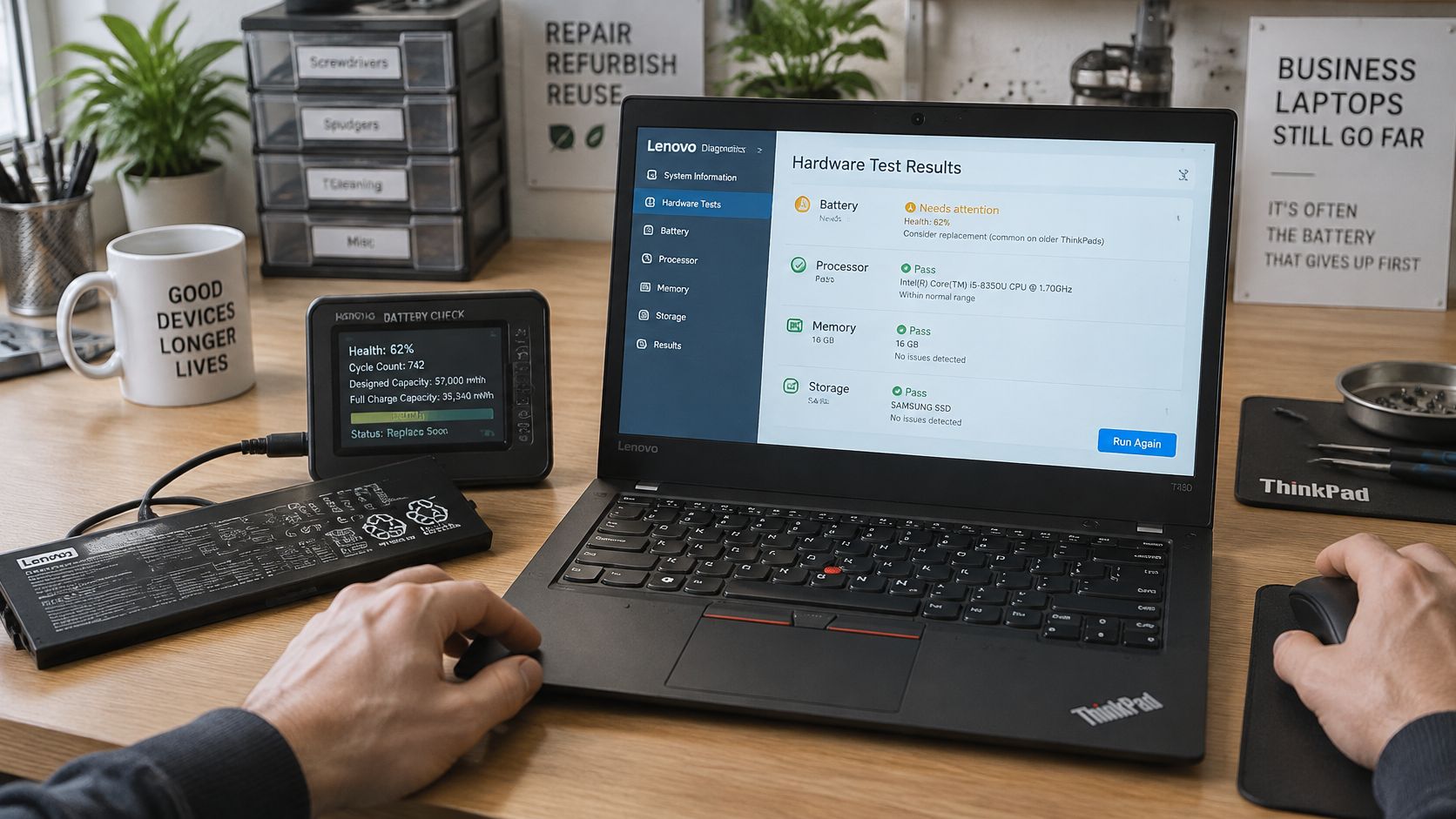 Refurbished Lenovo Laptop Computers: A UK Buyer's Guide 4 A person diagnosing a refurbished Lenovo ThinkPad laptop using hardware testing software with a battery testing device.