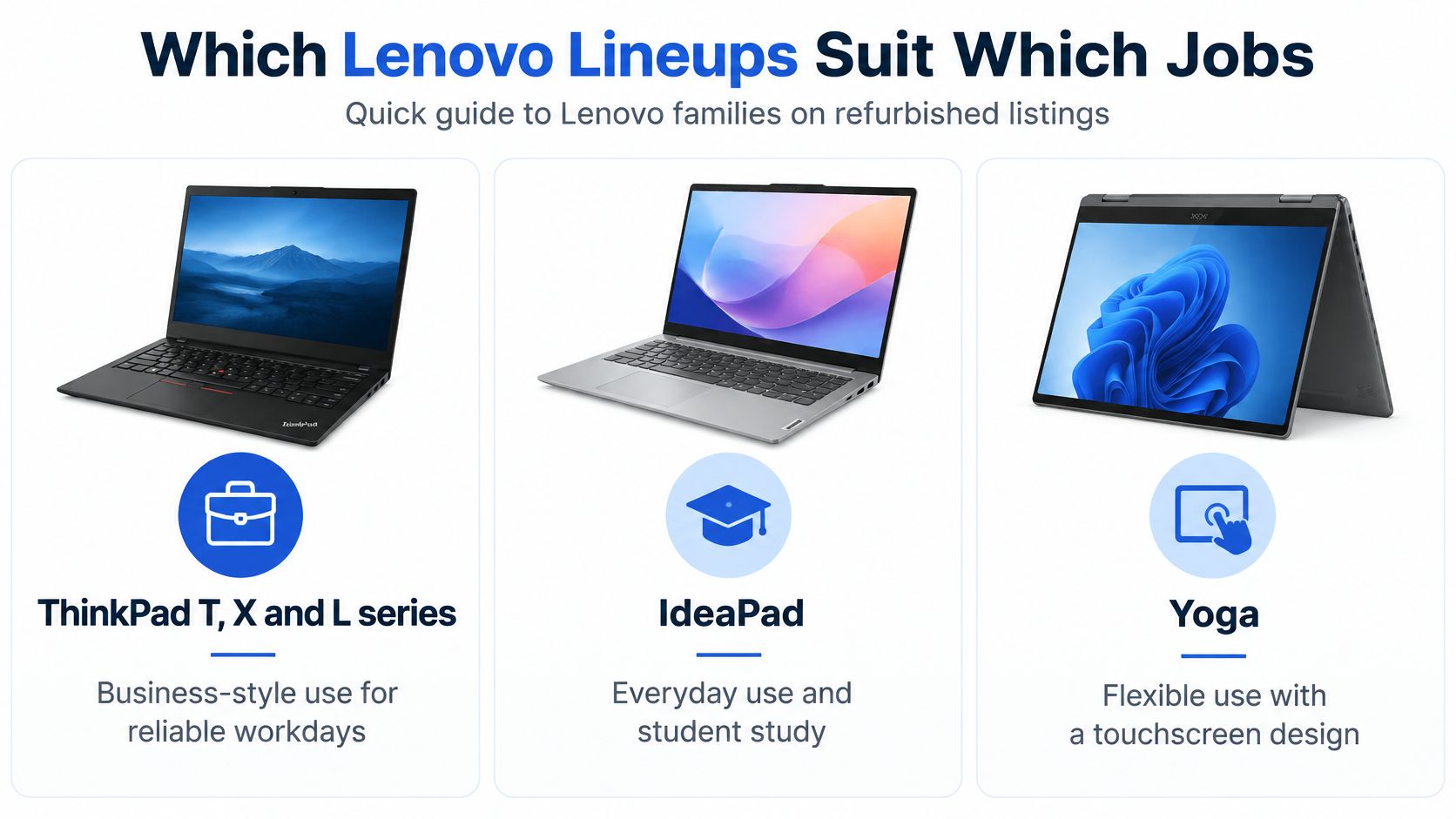Refurbished Lenovo Laptop Computers: A UK Buyer's Guide 2 An infographic guide explaining which Lenovo laptop series are suitable for different work or student needs.