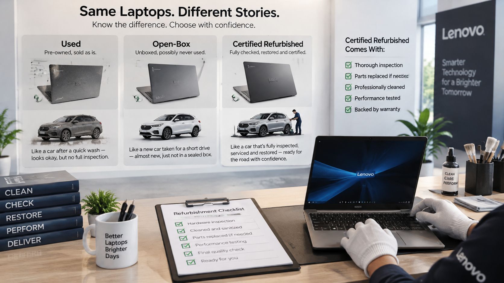 Refurbished Lenovo Laptop Computers: A UK Buyer's Guide 1 A professional infographic comparing Used, Open-Box, and Certified Refurbished Lenovo laptops on a clean desk workspace.