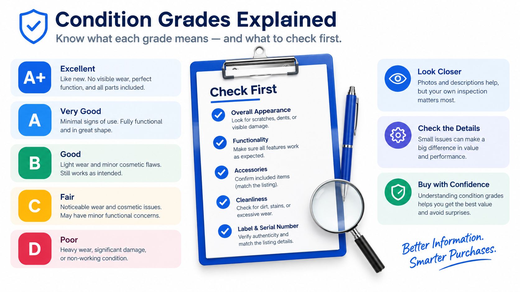 Refurbished MacBook Air UK Buying Guide 3 An infographic titled Condition Grades Explained, detailing rating criteria for products from A plus to D grade.
