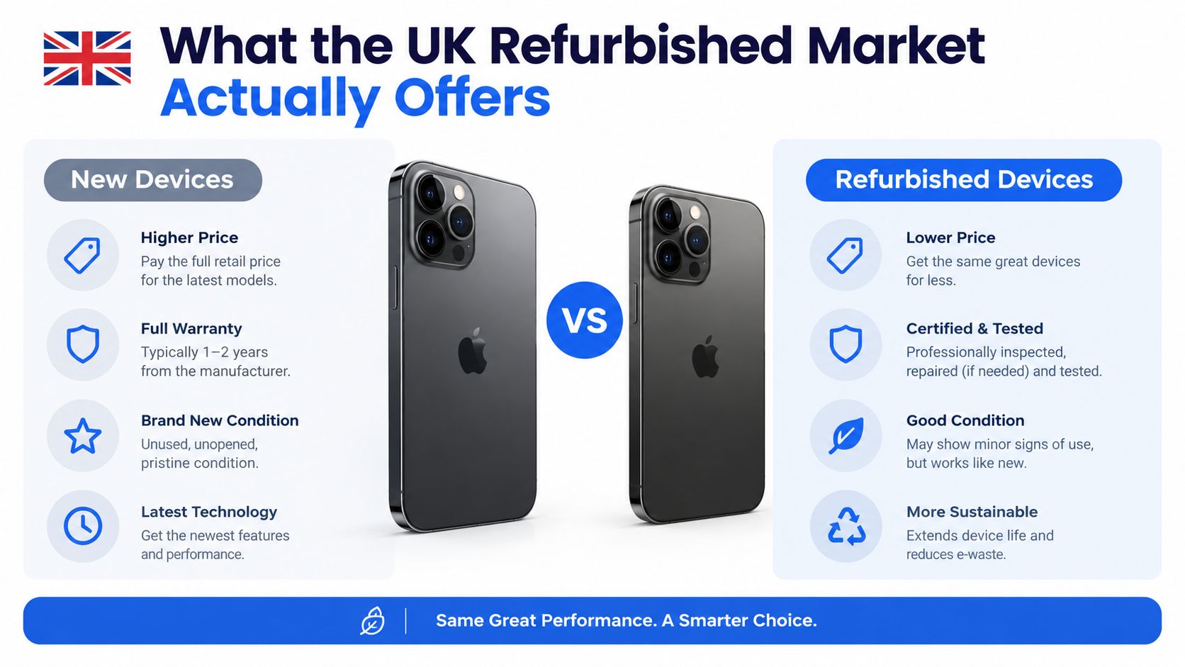 Refurbished MacBook Air UK Buying Guide 1 A comparison infographic between new and refurbished smartphones highlighting the price and sustainability benefits in the UK.