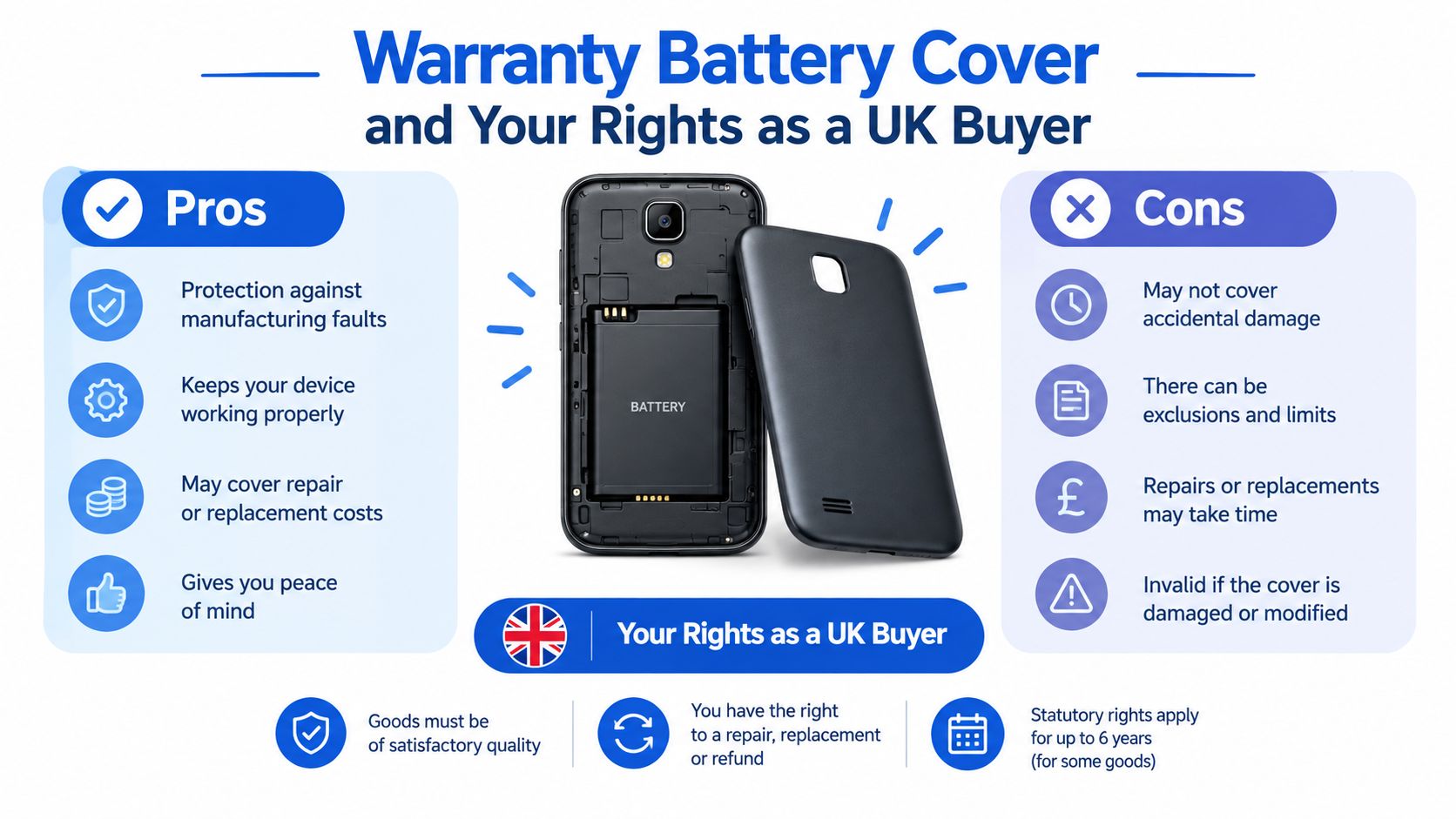 Refurbished MacBook Air UK Buying Guide 4 An infographic detailing battery cover warranty pros and cons alongside UK buyer rights and statutory protections.
