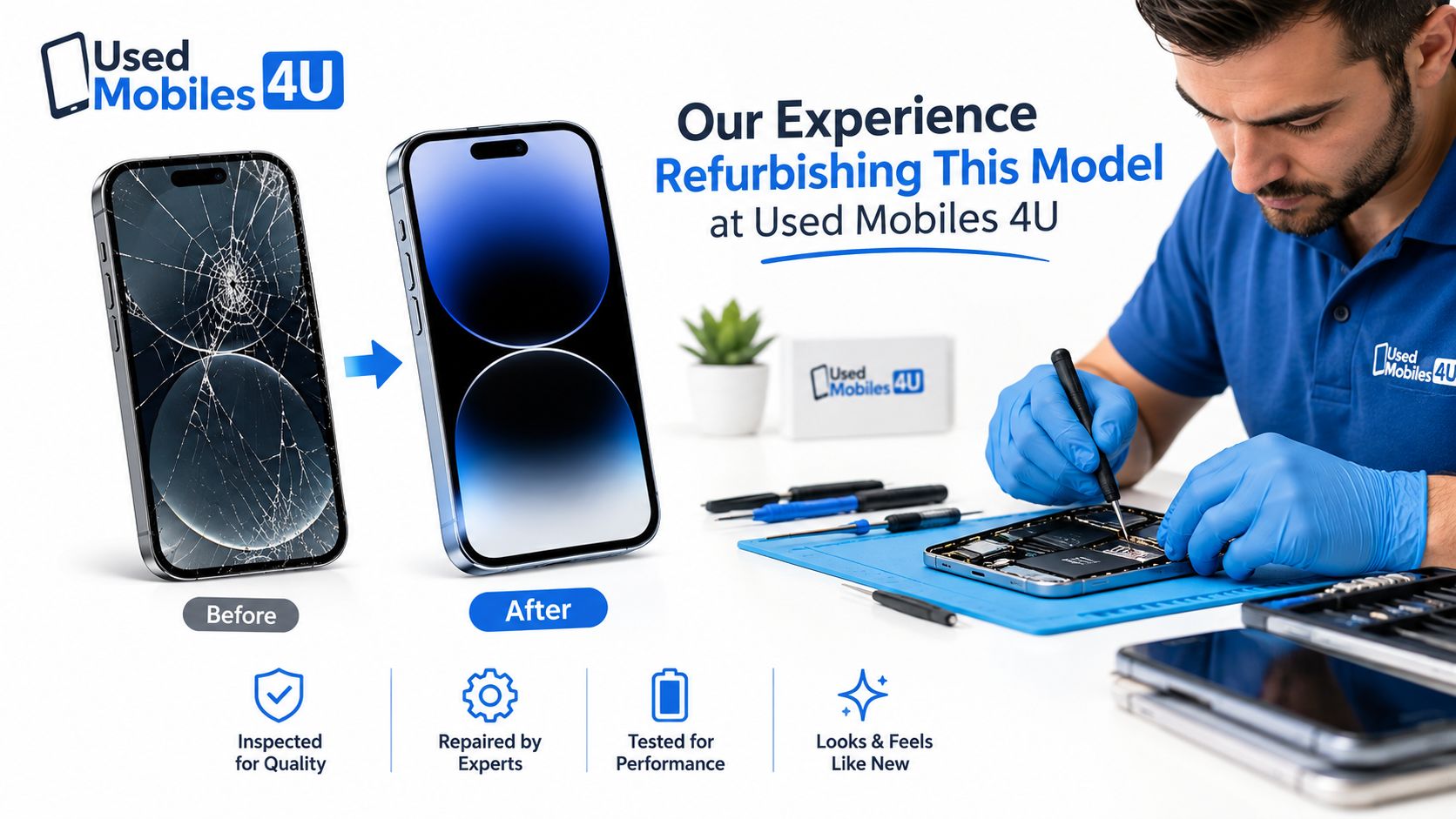 Refurbished MacBook Pro M1: The Practical Verdict 1 A technician repairing a mobile phone to demonstrate the professional refurbishment process at Used Mobiles 4U.