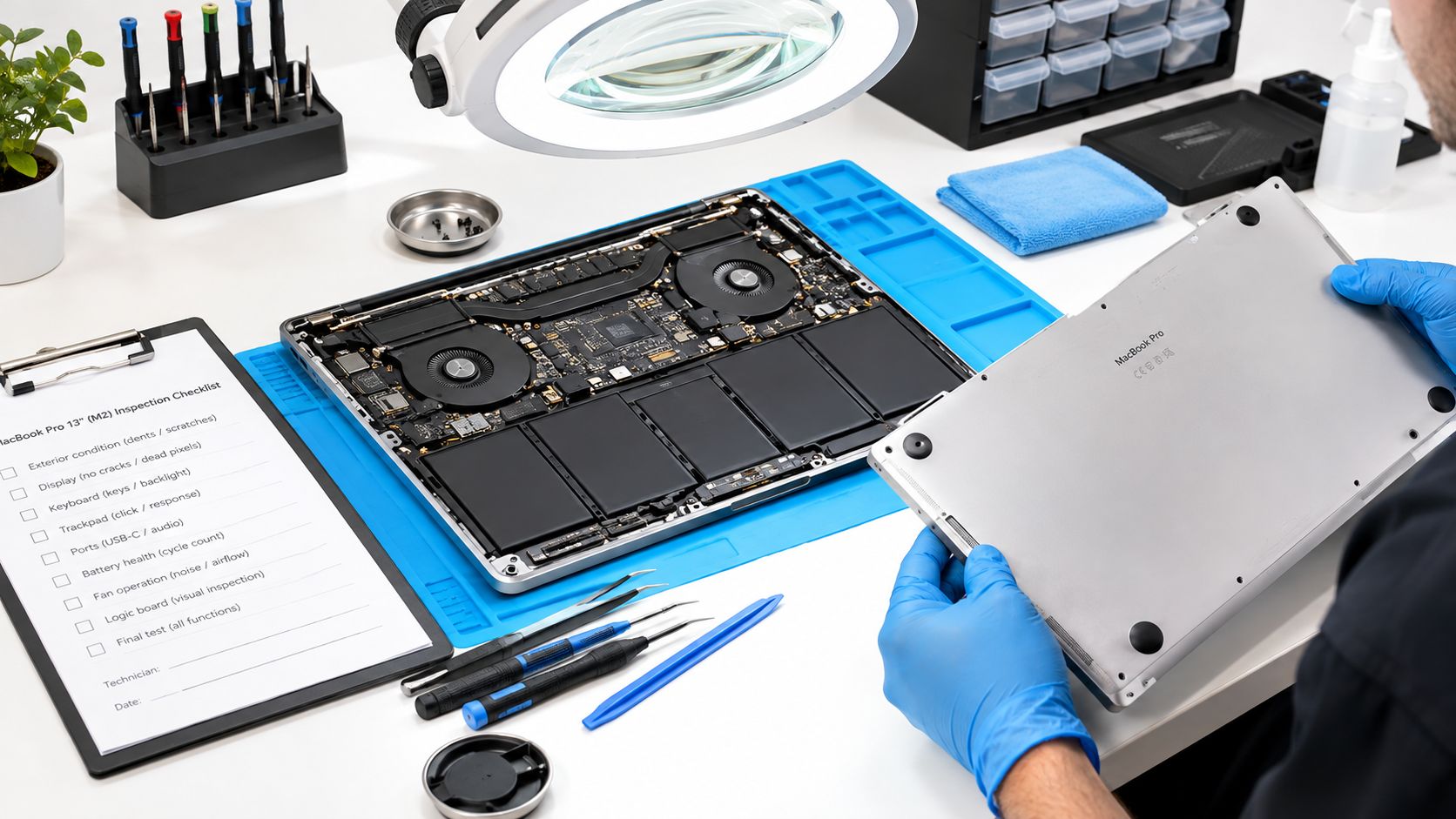 Refurbished MacBook Pro M2: A Practical UK Buying Guide 3 A technician wearing blue gloves repairs an opened MacBook Pro M2 on a professional workstation desk.