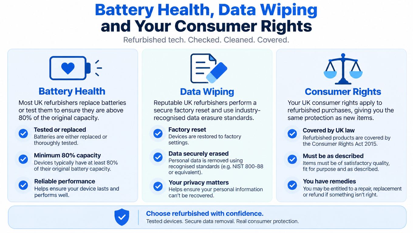 Refurbished Mobiles Means: A Plain English Explainer 3 An infographic explaining battery health, data wiping, and consumer rights for buying refurbished UK tech products.