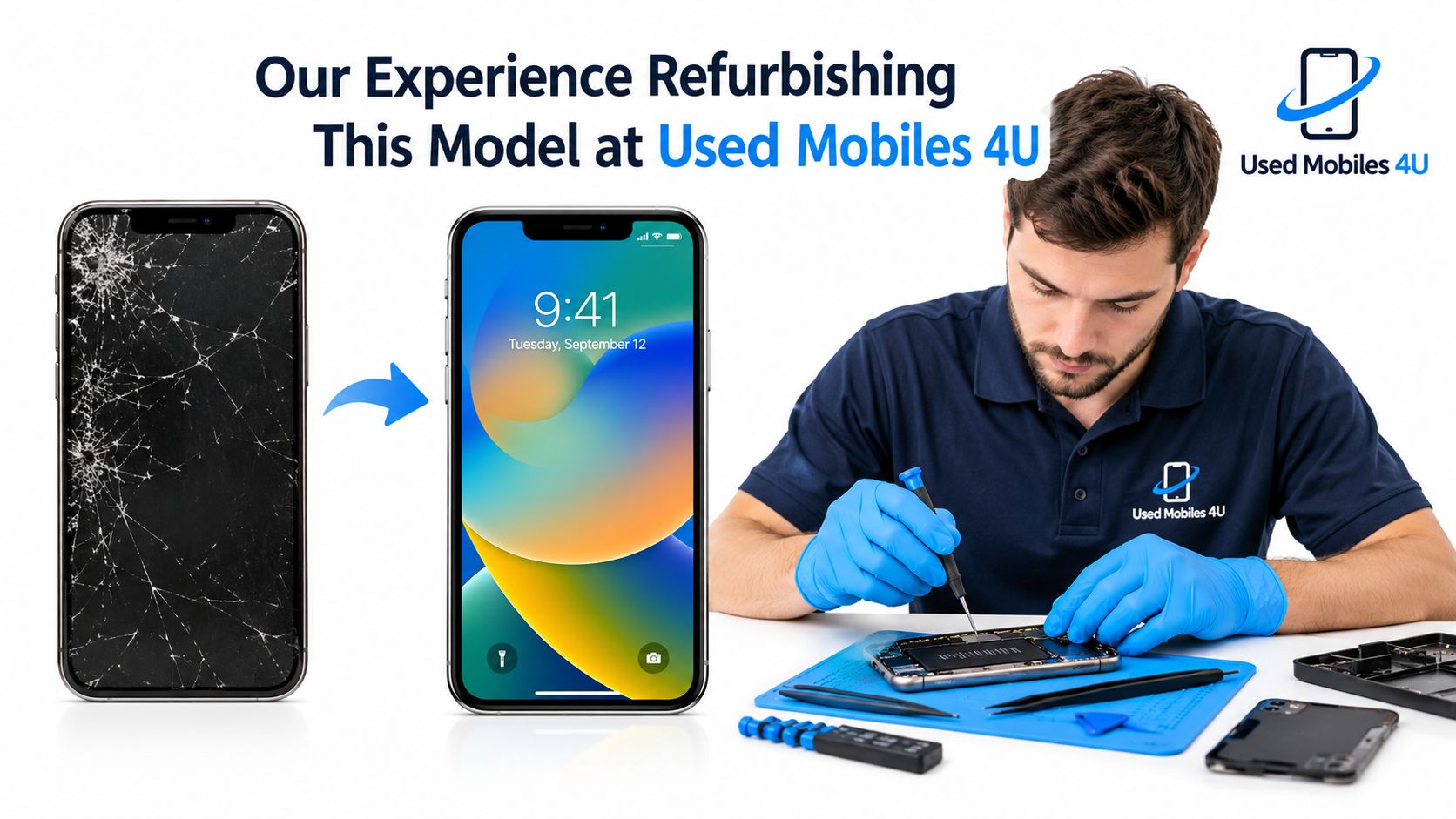 Samsung Galaxy A22 5G Review: Still Worth Buying in 2026? 2 A technician wearing blue gloves is refurbishing a damaged smartphone to look like a brand new one.