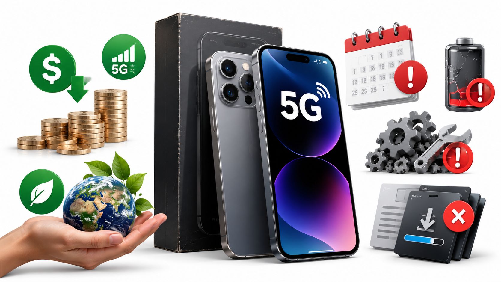 Samsung Galaxy A22 5G Review: Still Worth Buying in 2026? 3 Conceptual illustration showing smartphone technology with various icons representing repair, battery, costs, and environmental impact.