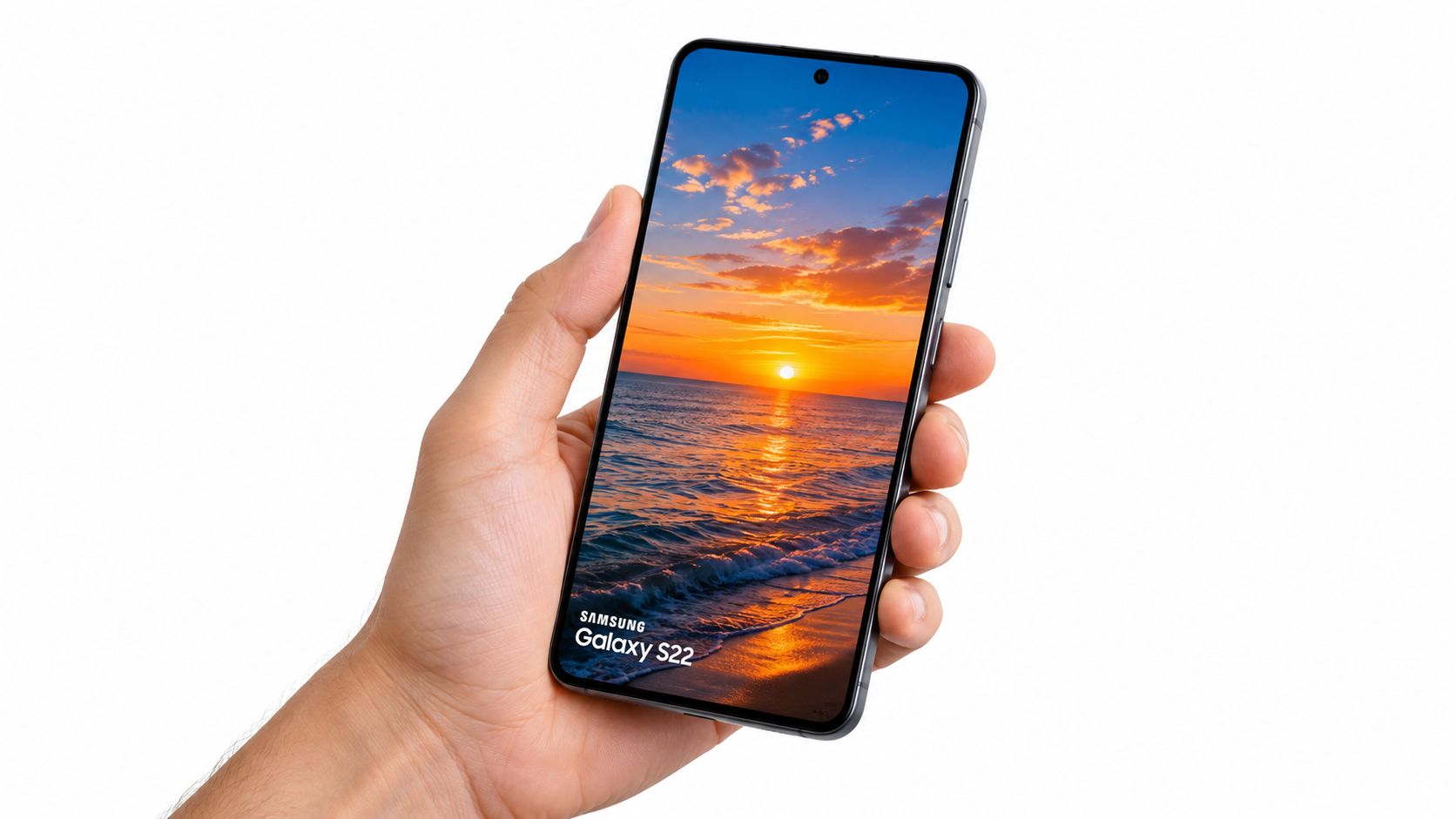 Samsung Galaxy S22 Price in the UK in 2026 64 A hand holding a Samsung Galaxy S22 smartphone displaying a vibrant sunset ocean wallpaper against white background.