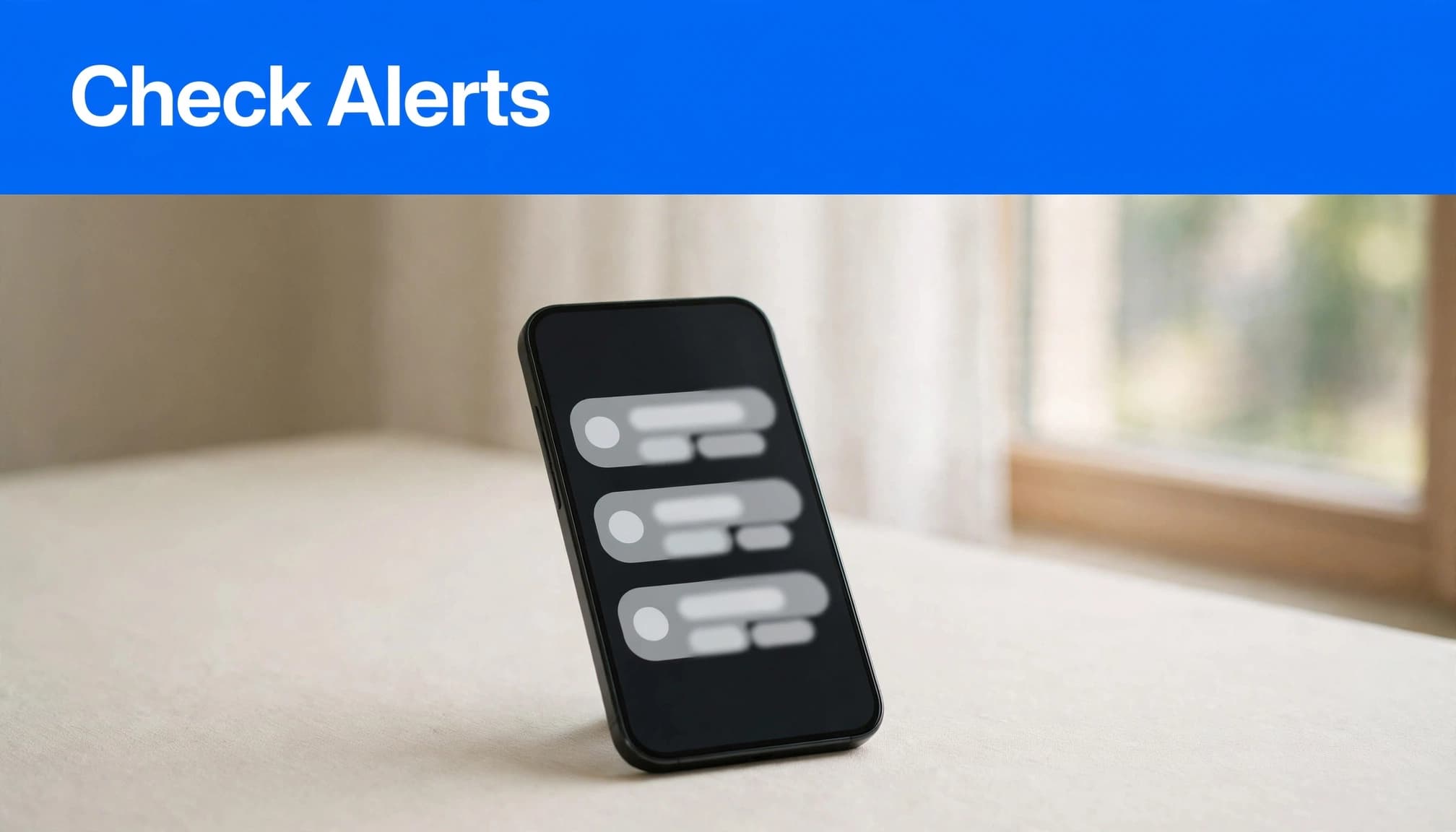Why Are iPhone Notifications Not Showing Up? 1 A smartphone on a table with abstract notifications and a blue header reading Check Alerts.
