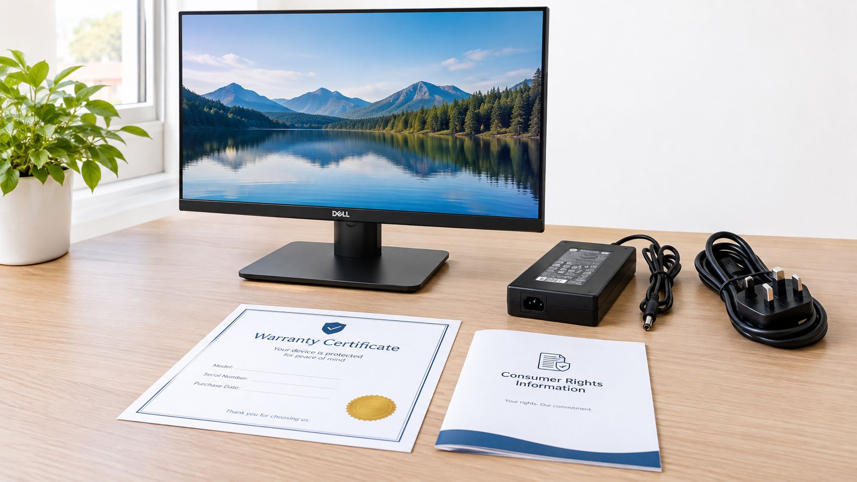 Used Monitor for Sale in the UK: A Practical Buying Guide 2 A Dell computer monitor displayed on a desk with a power adapter, a power cord, and warranty documents.
