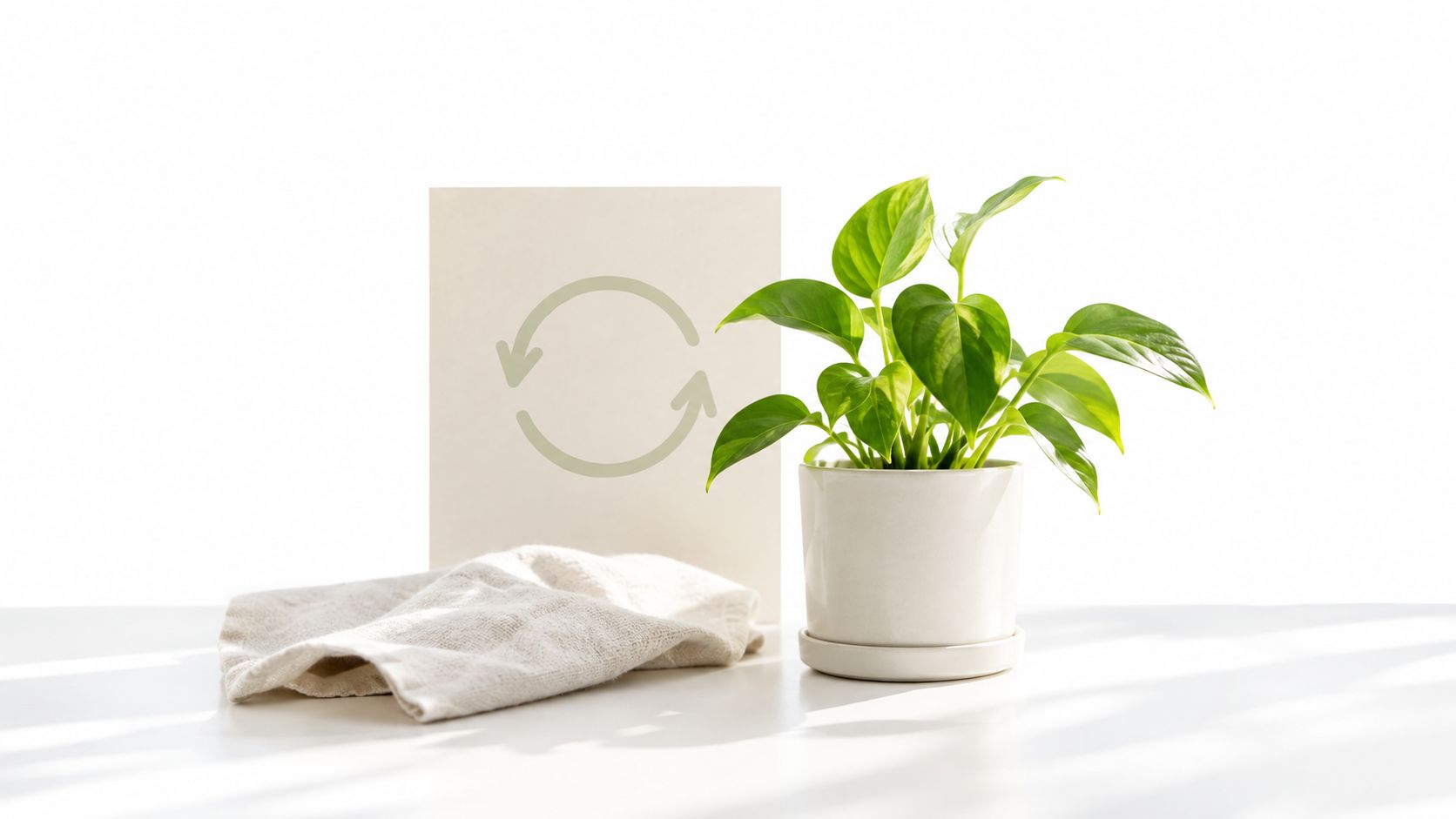 What Is Data Destruction? a UK Buyer's Guide 54 A small green houseplant in a white pot beside a sign with a sustainability recycling symbol.