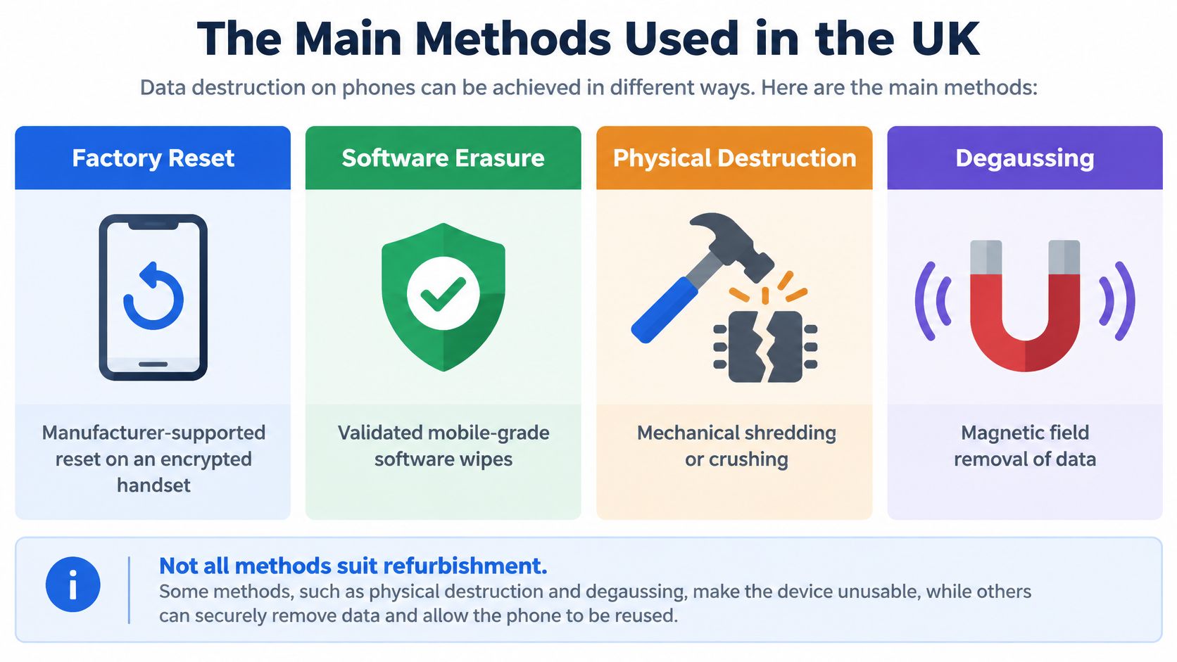 What Is Data Destruction? a UK Buyer's Guide 51 An infographic titled The Main Methods Used in the UK displaying four data destruction techniques for mobile devices.