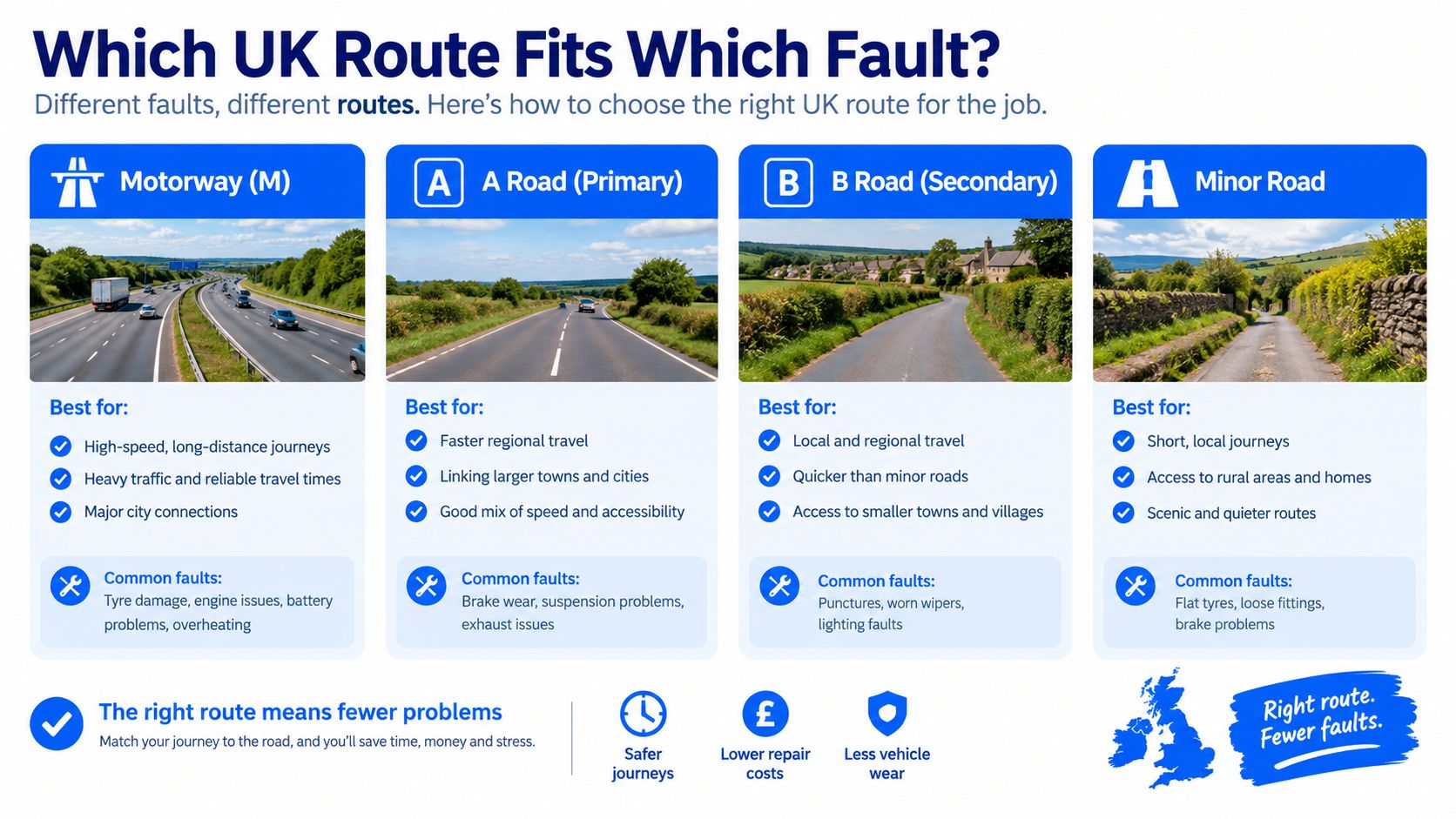 Where to Sell Your Broken Phone: A Practical UK Guide 1 An infographic comparing different types of UK roads, their purposes, and common vehicle faults associated with each.