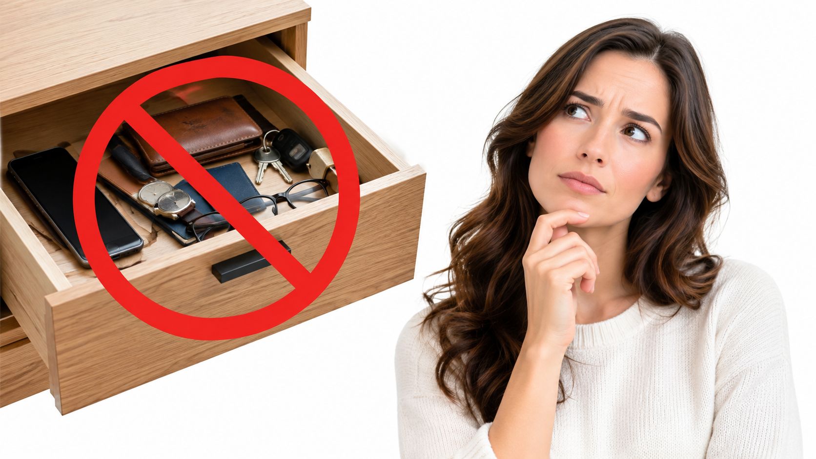 Where to Sell Your Broken Phone: A Practical UK Guide 3 A concerned woman thinking about where to sell her broken phone among various items in a drawer.